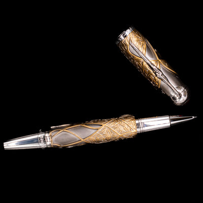An overhead view of the Montblanc Writer's Edition Brothers Grimm Limited Edition 1812 Rollerball Pen - Preowned uncapped.
