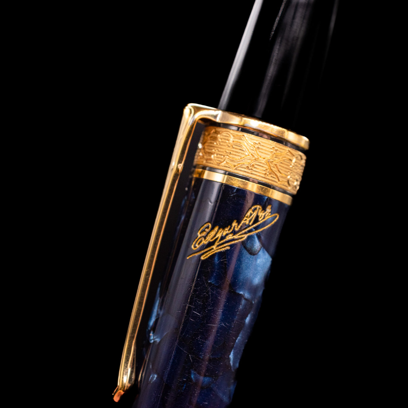 A macro shot of the writer's signature on the Montblanc Writer's Edition Edgar Allan Poe Ballpoint Pen - Preowned.