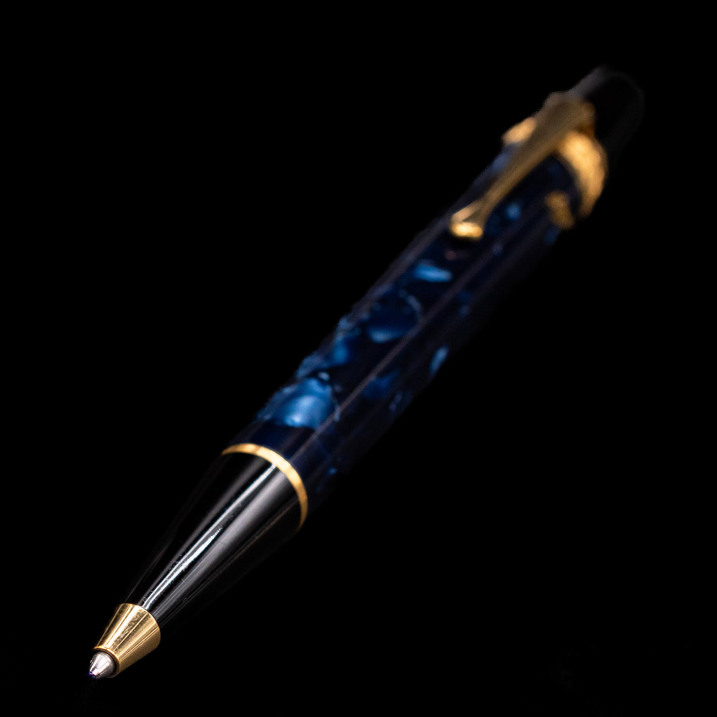 A full view of the Montblanc Writer's Edition Edgar Allan Poe Ballpoint Pen - Preowned with a focus on the activated tip.