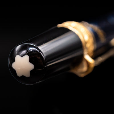 Zoomed-in shot of the top of the cap with the snow cap on the Montblanc Writer's Edition Edgar Allan Poe Ballpoint Pen - Preowned.