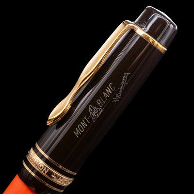 A macro shot of the logo and writer's signature on the barrel of the Montblanc Writer's Edition Ernest Hemingway Ballpoint Pen - Preowned.