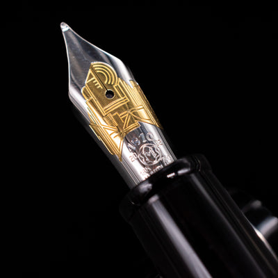 A macro shot of the nib with its intricate detailing and logo engraving for the Montblanc Writer's Edition F. Scott Fitzgerald Fountain Pen - Preowned.