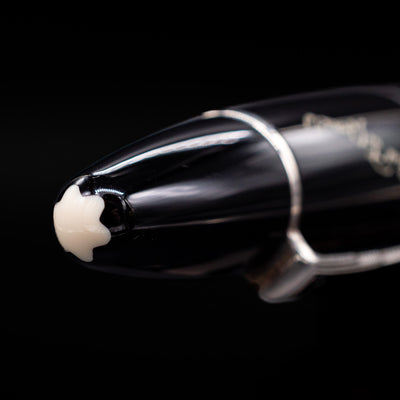Zoomed-in view of the top of the cap with the finial on the Montblanc Writer's Edition F. Scott Fitzgerald Fountain Pen - Preowned.