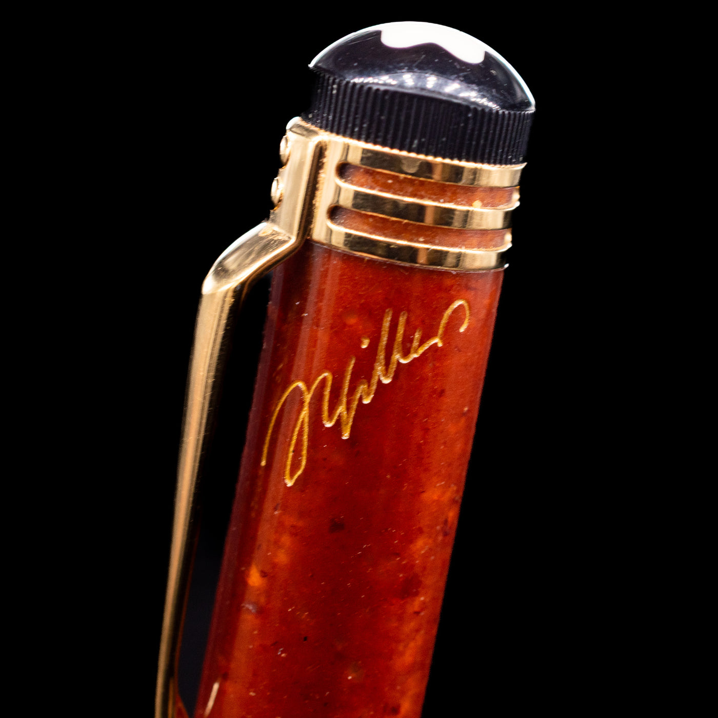 A macro shot of the writer's signature on the barrel of the Montblanc Writer's Edition Friedrich Schiller Ballpoint Pen - Preowned.