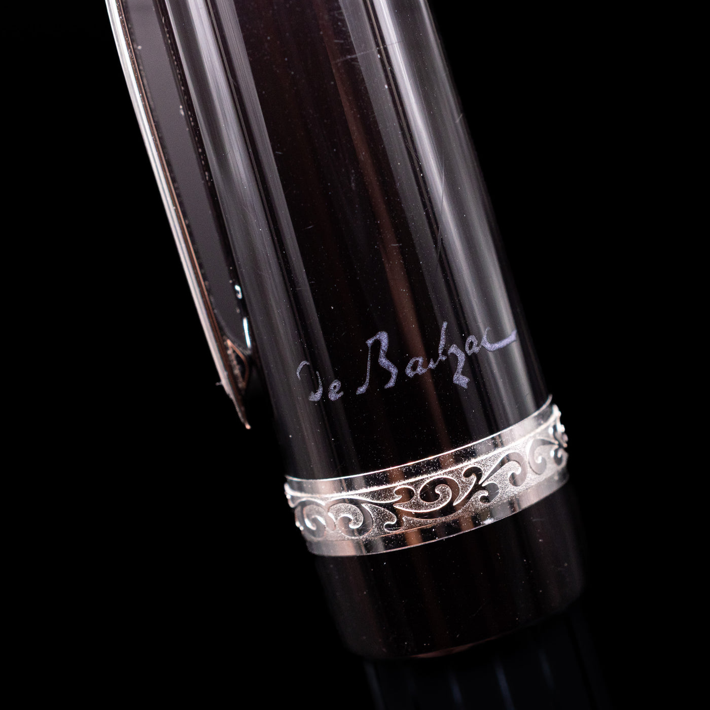 Macro shot of the writer's signature on the cap on the Montblanc Writer's Edition Honore de Balzac Fountain Pen - Preowned.
