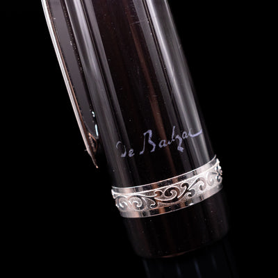 Macro shot of the writer's signature on the cap on the Montblanc Writer's Edition Honore de Balzac Fountain Pen - Preowned.