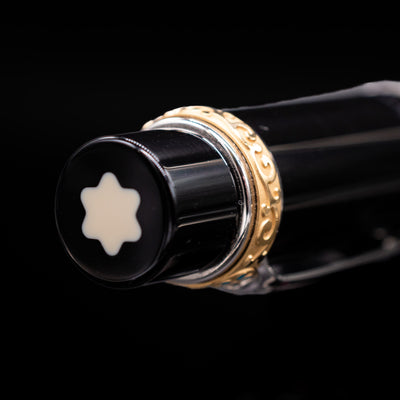 Zoomed-in view of the top of the cap with the finial on the Montblanc Writer's Edition Honore de Balzac Fountain Pen - Preowned.