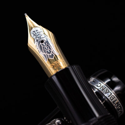 A macro shot of the nib with its intricate detailing and logo engraving for the Montblanc Writer's Edition Imperial Dragon 1993 Fountain Pen - Preowned.
