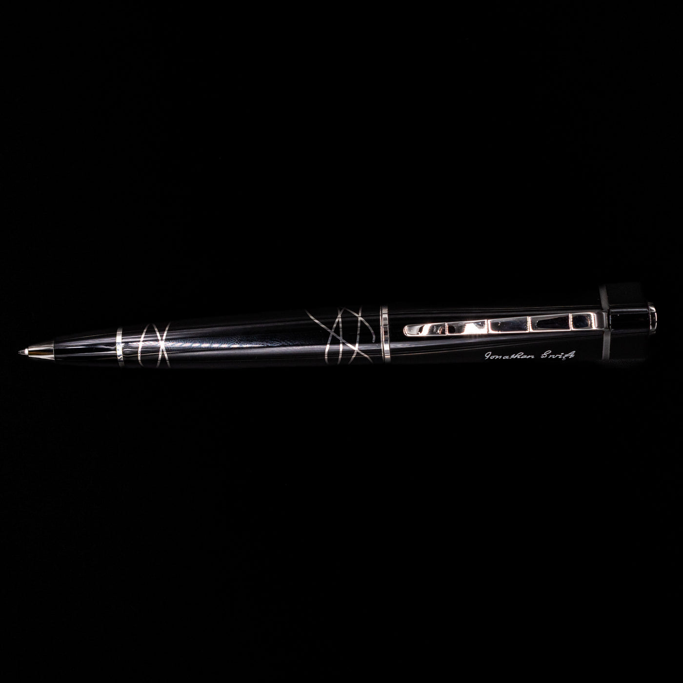 An overhead view of the Montblanc Writer's Edition Jonathan Swift Ballpoint Pen - Preowned activated.