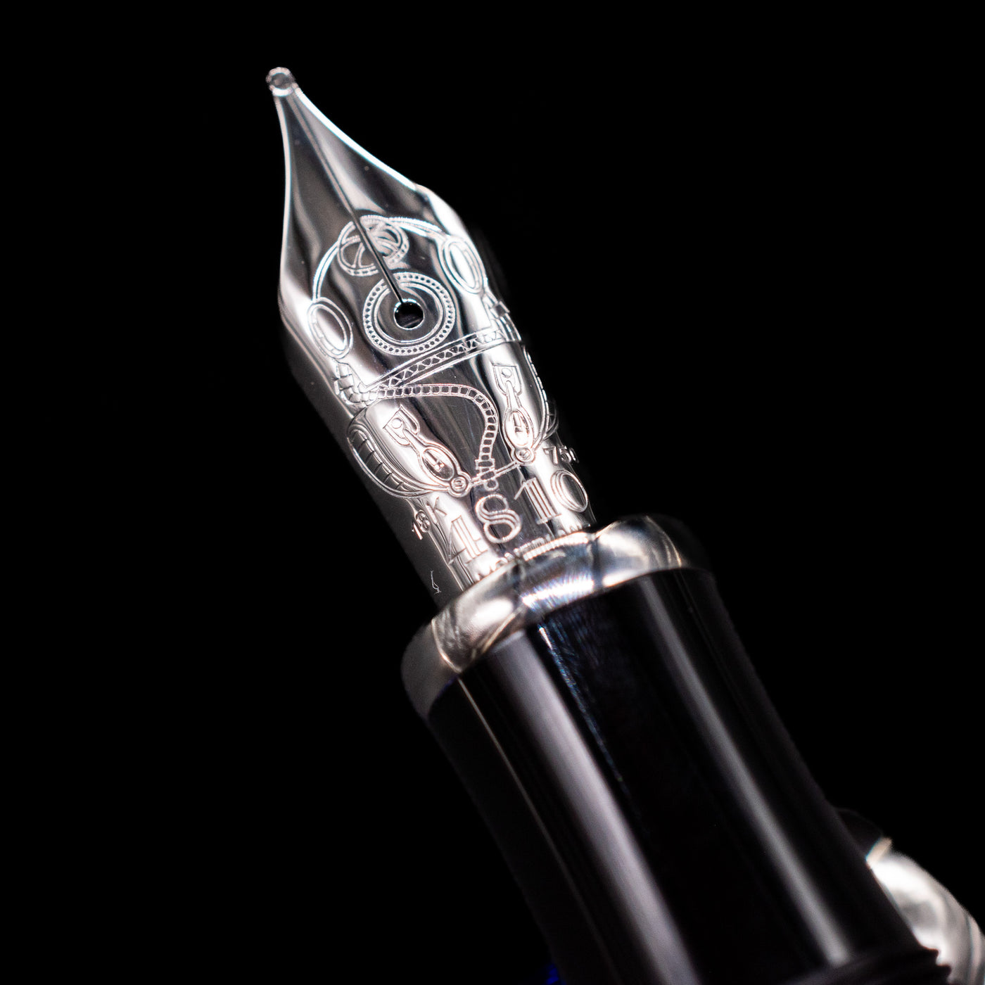 A macro shot of the nib with its intricate detailing and logo engraving for the Montblanc Writer's Edition Jules Verne Fountain Pen - Preowned.