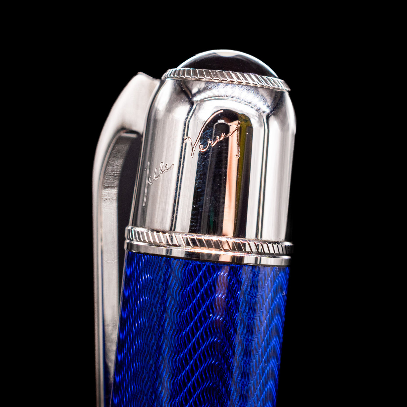 A detail shot of the writer's signature on the top of the Montblanc Writer's Edition Jules Verne Fountain Pen - Preowned.