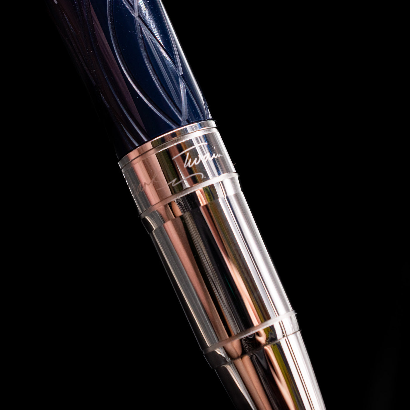 A close-up shot of the writer's signature at the bottom of the Montblanc Writer's Edition Mark Twain Ballpoint Pen - Preowned.