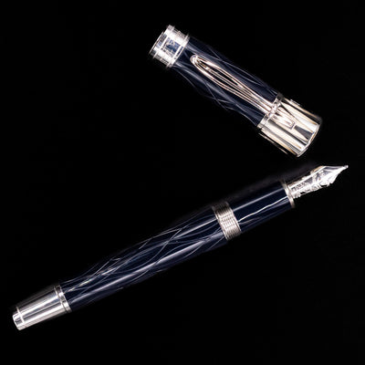 An overhead view of the Montblanc Writer's Edition Mark Twain Fountain Pen - Preowned uncapped.