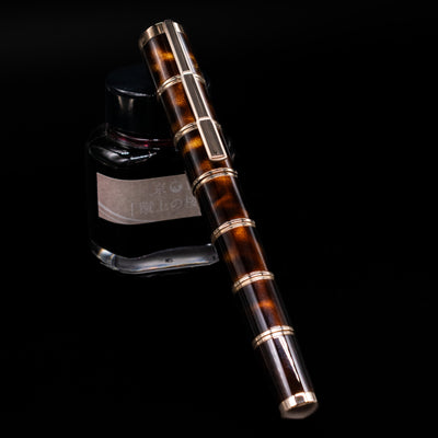 Montblanc Writer's Edition Miguel de Cervantes Fountain Pen - Preowned capped, leaning against an ink bottle. 