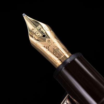  A macro shot of the nib with its intricate detailing and logo engraving for the Montblanc Writer's Edition Miguel de Cervantes Fountain Pen - Preowned.