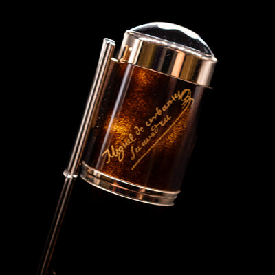 A macro shot of the writer's signature on top of the body of the Montblanc Writer's Edition Miguel de Cervantes Fountain Pen - Preowned.