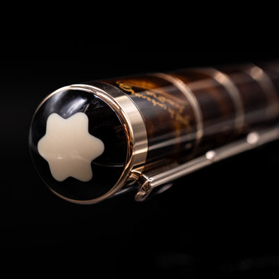 Zoomed-in view of the top of the cap with the finial on the Montblanc Writer's Edition Miguel de Cervantes Fountain Pen - Preowned.