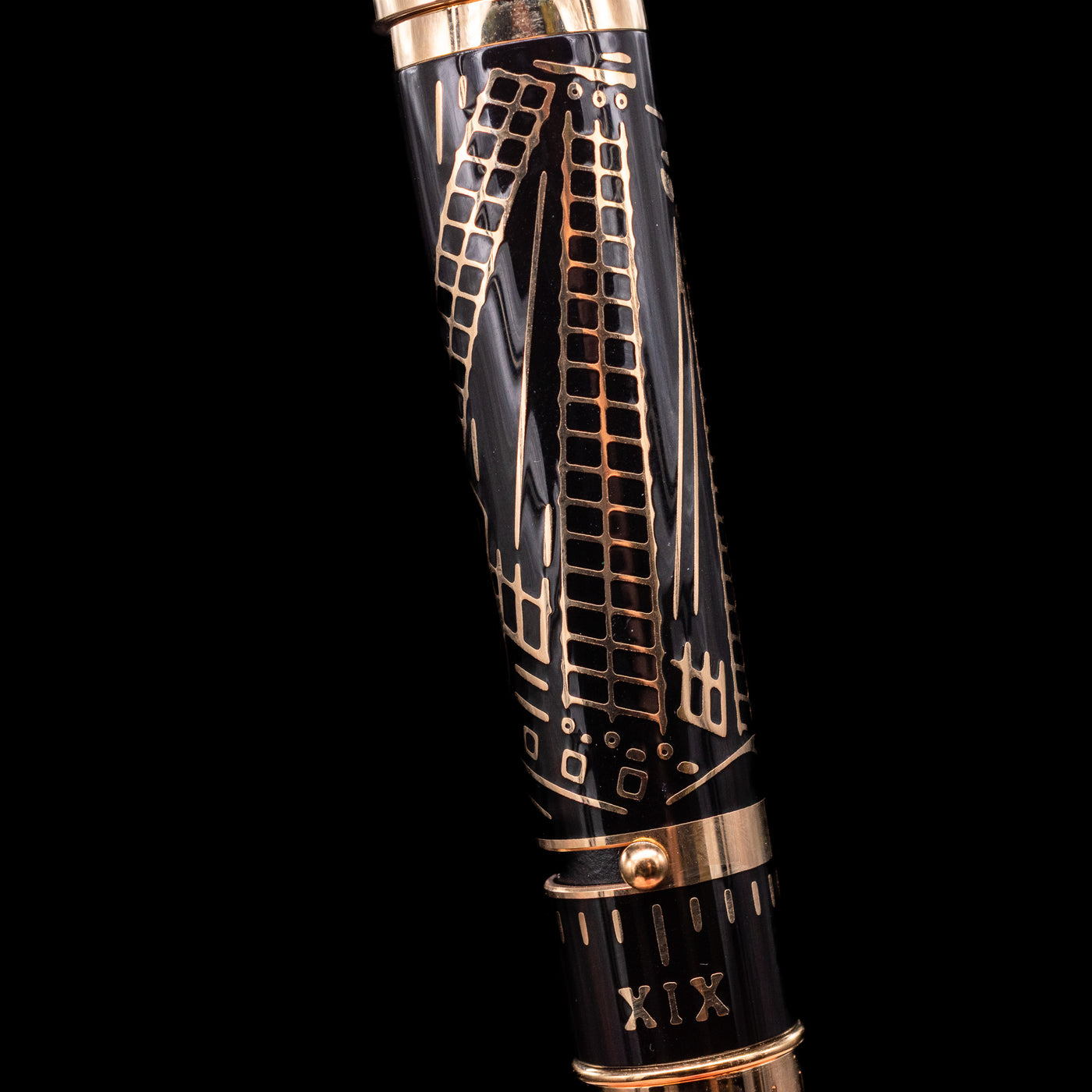 A detail shot of the back of the body of the Montblanc Writer's Edition Robert Louis Stevenson Limited Edition 1833 Rollerball Pen - Preowned where the sails of the boat are situated. 