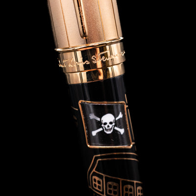 A detail shot of the pirate flag switched from the British flag on the Montblanc Writer's Edition Robert Louis Stevenson Limited Edition 1833 Rollerball Pen - Preowned.