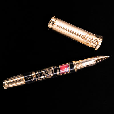 An overhead view of the Montblanc Writer's Edition Robert Louis Stevenson Limited Edition 1833 Rollerball Pen - Preowned uncapped.