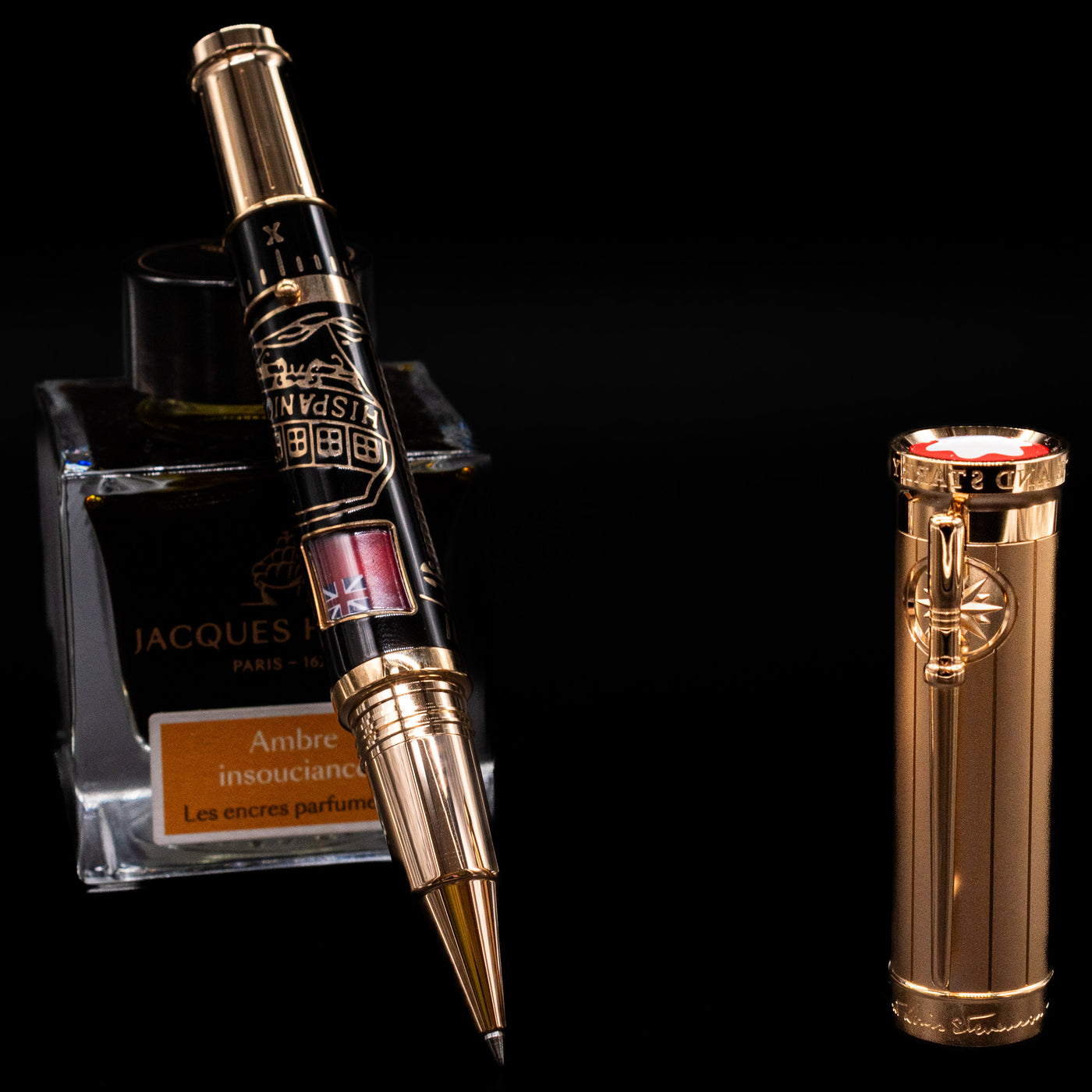 Montblanc Writer's Edition Robert Louis Stevenson Limited Edition 1833 Rollerball Pen - Preowned leaning on an ink bottle uncapped.