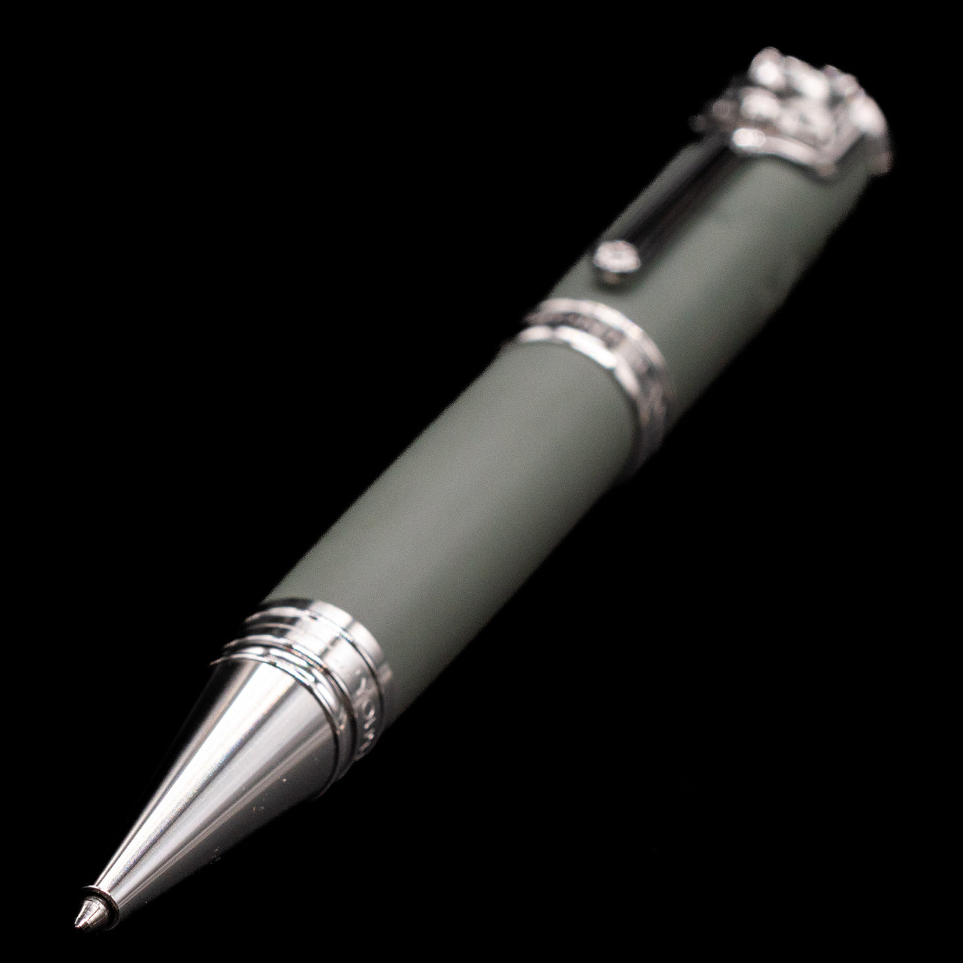 A full view of the Montblanc Writer's Edition Rudyard Kipling Ballpoint Pen - Preowned with a focus on the activated tip.
