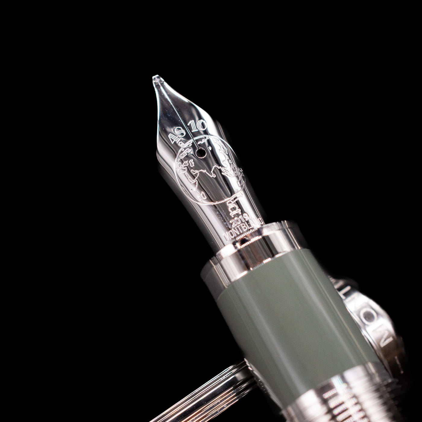  A macro shot of the nib with its intricate detailing and logo engraving for the Montblanc Writer's Edition Rudyard Kipling Fountain Pen - Preowned.