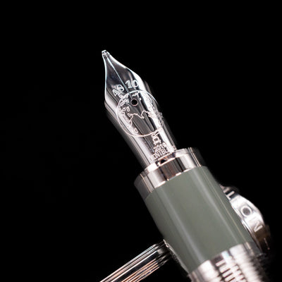  A macro shot of the nib with its intricate detailing and logo engraving for the Montblanc Writer's Edition Rudyard Kipling Fountain Pen - Preowned.
