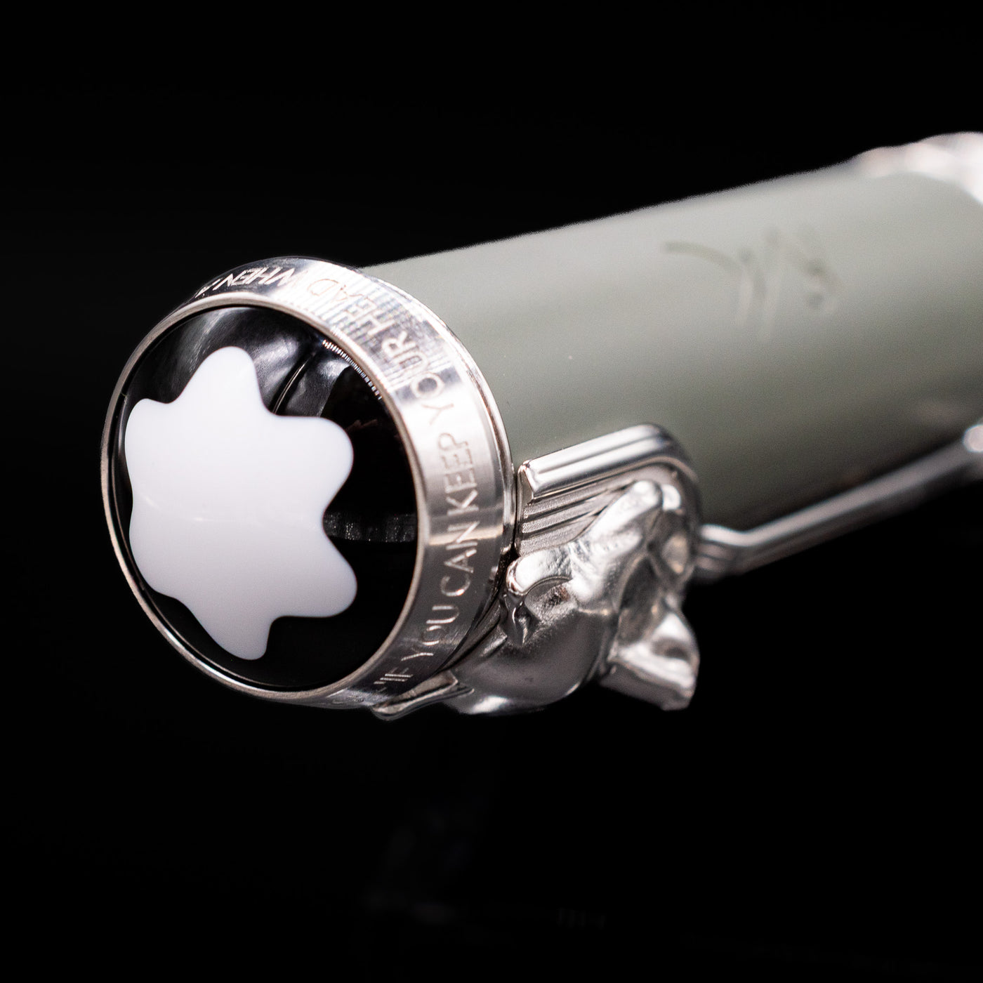 Zoomed-in view of the top of the cap with the finial on the Montblanc Writer's Edition Rudyard Kipling Fountain Pen - Preowned.