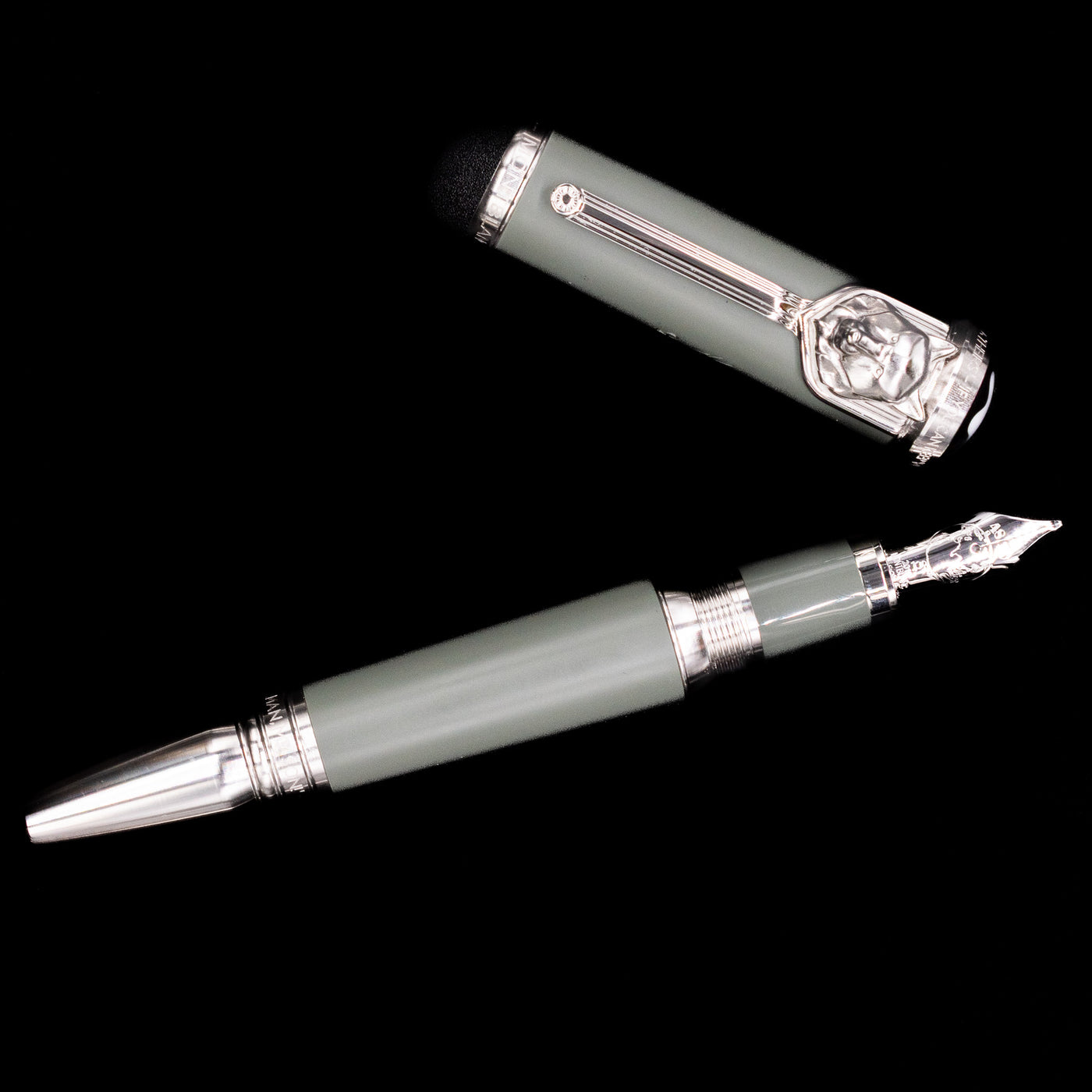 An overhead view of the Montblanc Writer's Edition Rudyard Kipling Fountain Pen - Preowned uncapped.