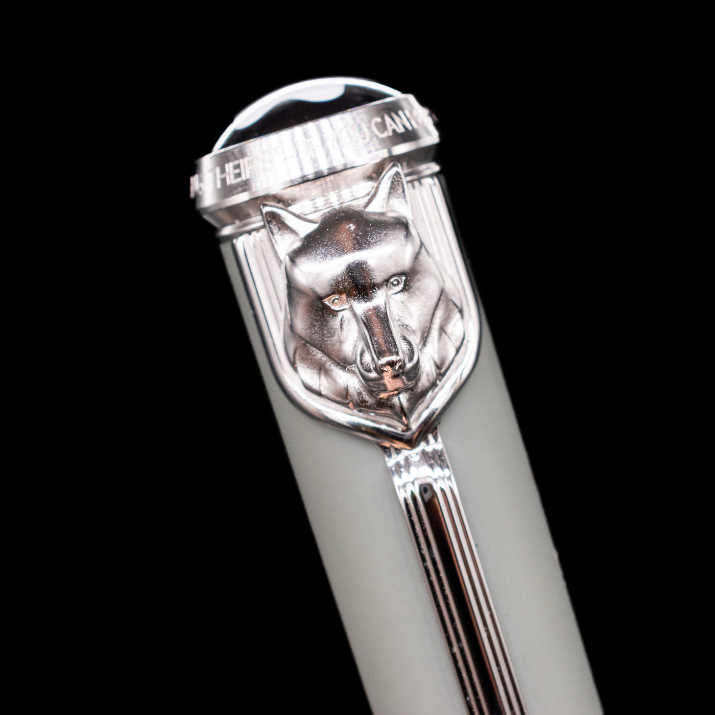 A detailed view of the wolf on the clip of the Montblanc Writer's Edition Rudyard Kipling Fountain Pen - Preowned.