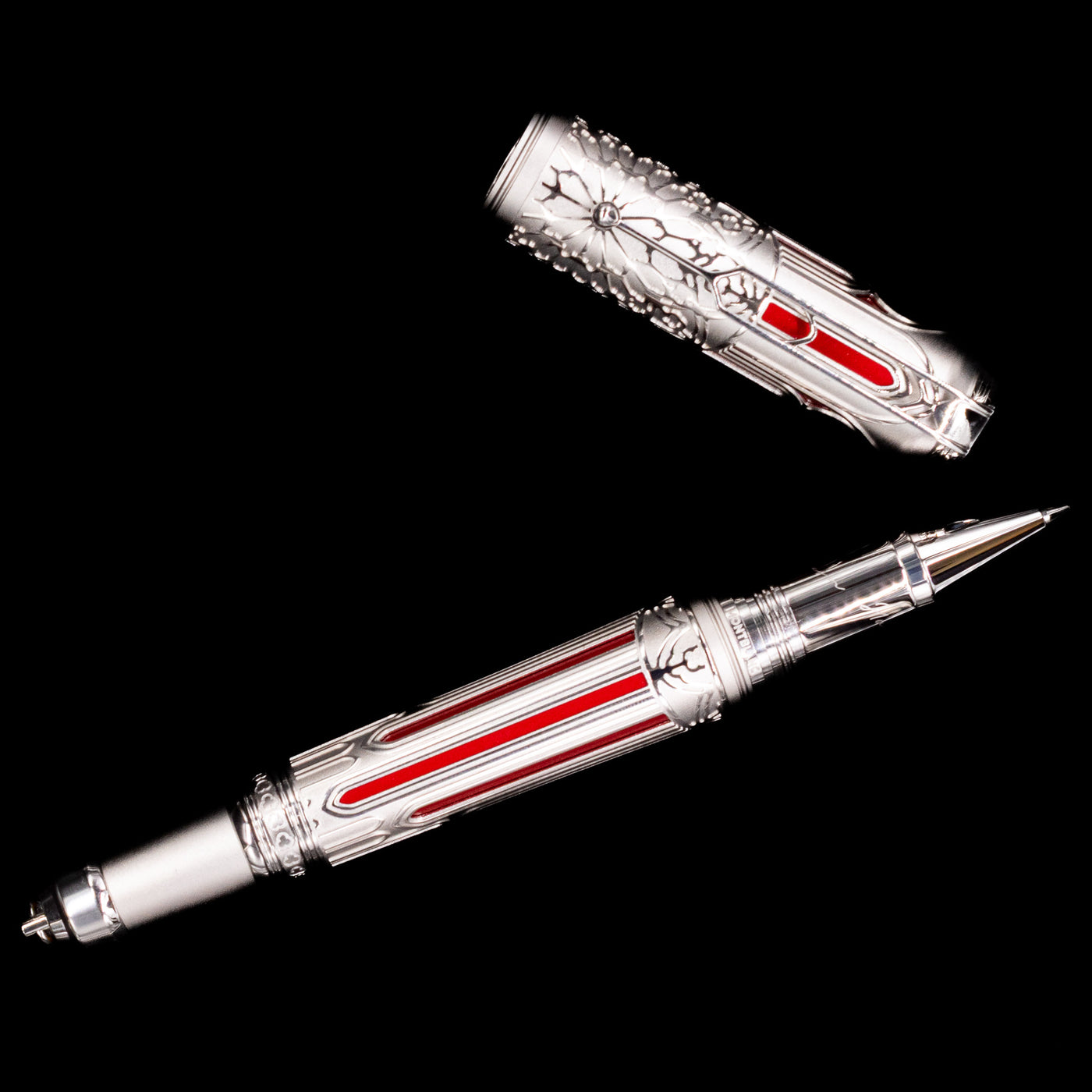 An overhead view of the Montblanc Writer's Edition Victor Hugo Limited Edition 1831 Rollerball Pen - Preowned uncapped.