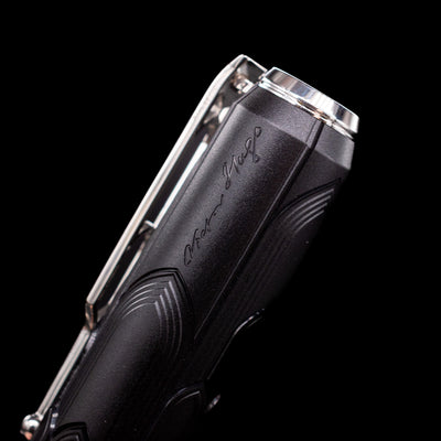 A macro shot of the writer's signature on the top of the barrel of the Montblanc Writer's Edition Victor Hugo Limited Edition Ballpoint Pen.