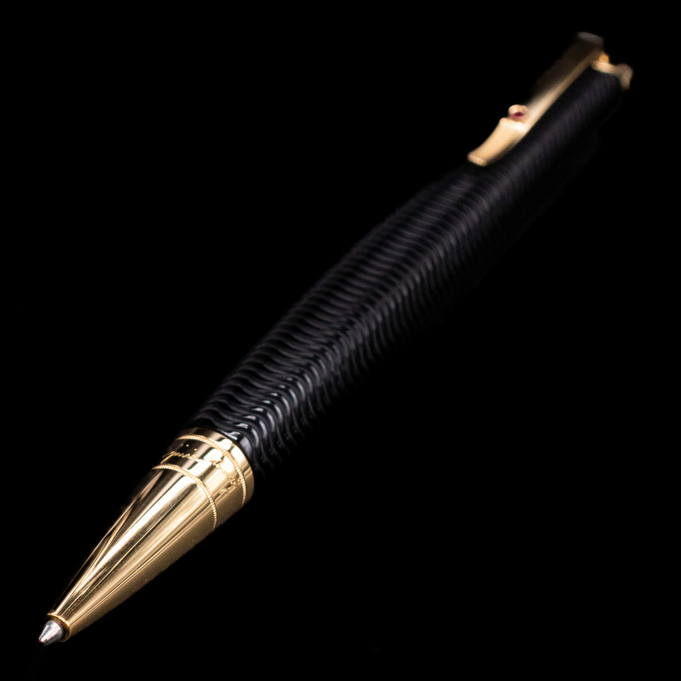 A full view of the Montblanc Writer's Edition Virginia Woolf Ballpoint Pen - Preowned with a focus on the activated tip.