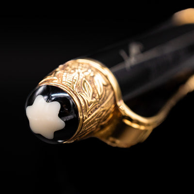 A zoomed-in view of the top of the cap with the snowcap for the Montblanc Writer's Edition Voltaire Ballpoint Pen - Preowned.