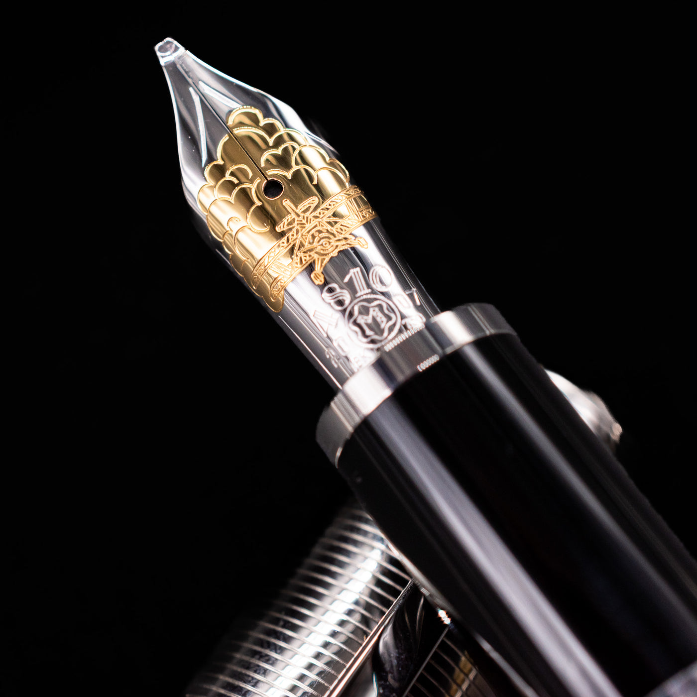 A macro shot of the nib with its intricate detailing and logo engraving for the Montblanc Writer's Edition William Faulkner Fountain Pen - Preowned.