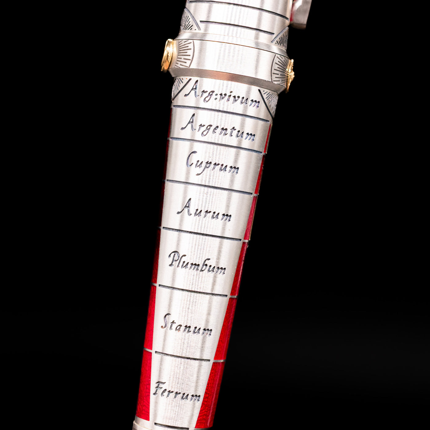 A detail shot of the alchemic words on the Montegrappa Alchemist Ignis Fountain Pen.