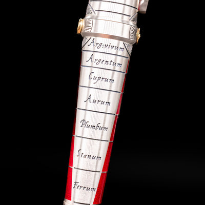 A detail shot of the alchemic words on the Montegrappa Alchemist Ignis Fountain Pen.