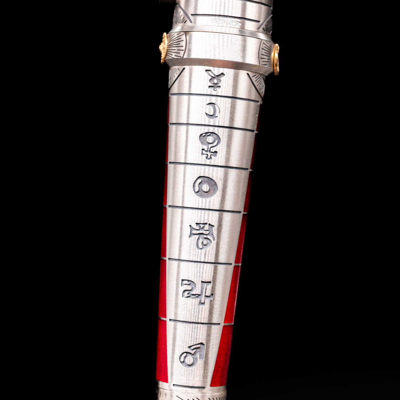 A detail shot of the body with the alchemic symbols on the Montegrappa Alchemist Ignis Fountain Pen.