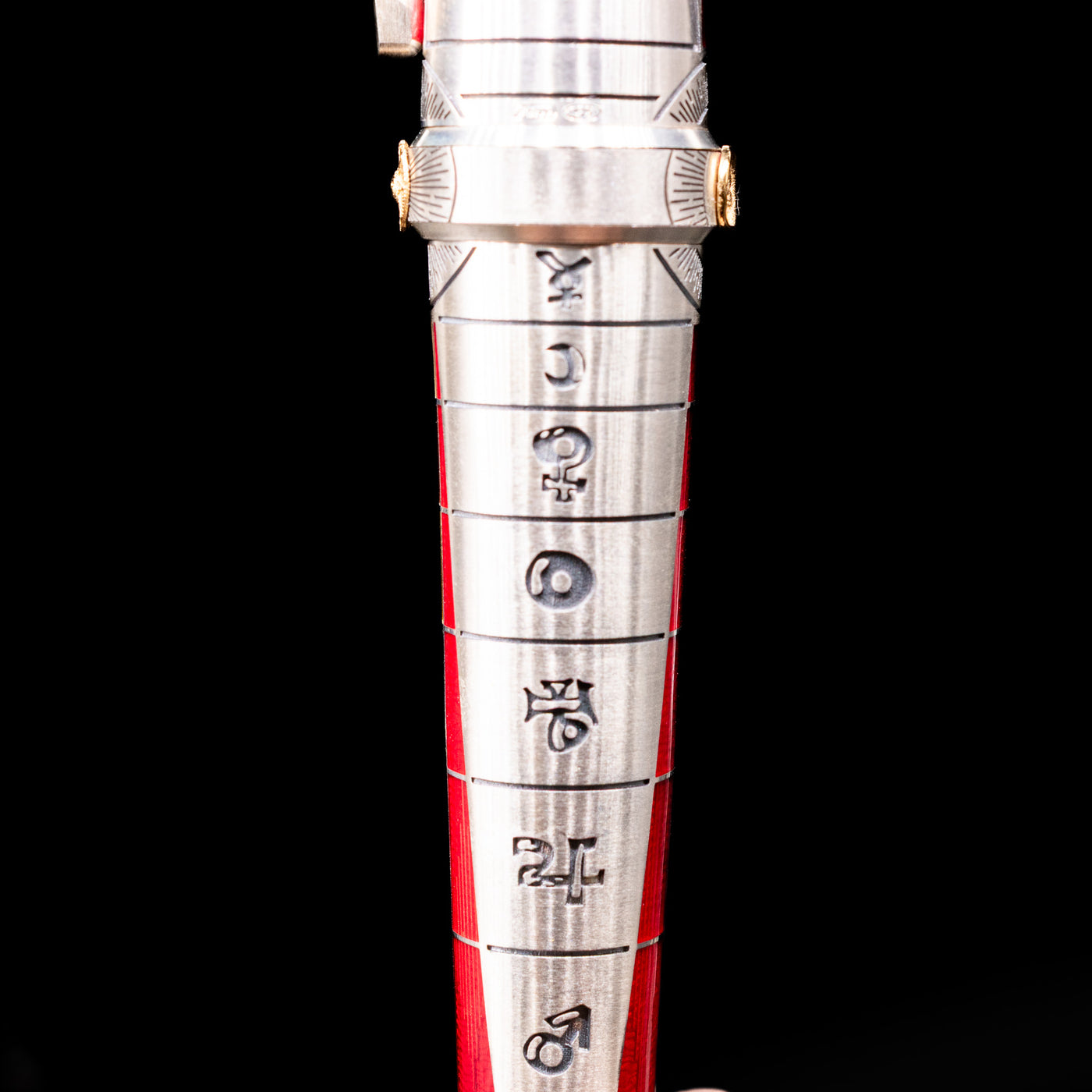 A detail shot of the alchemic symbols on the Montegrappa Alchemist Ignis Rollerbal Pen.