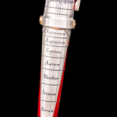 A detail shot of the alchemic words on the Montegrappa Alchemist Ignis Rollerbal Pen.