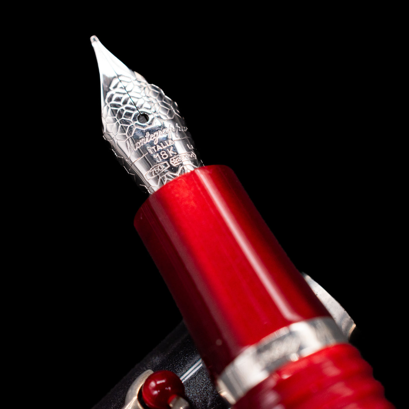 A macro shot of the nib with its intricate detailing and logo engraving for the Montegrappa Desiderio Black Fountain Pen - Preowned.