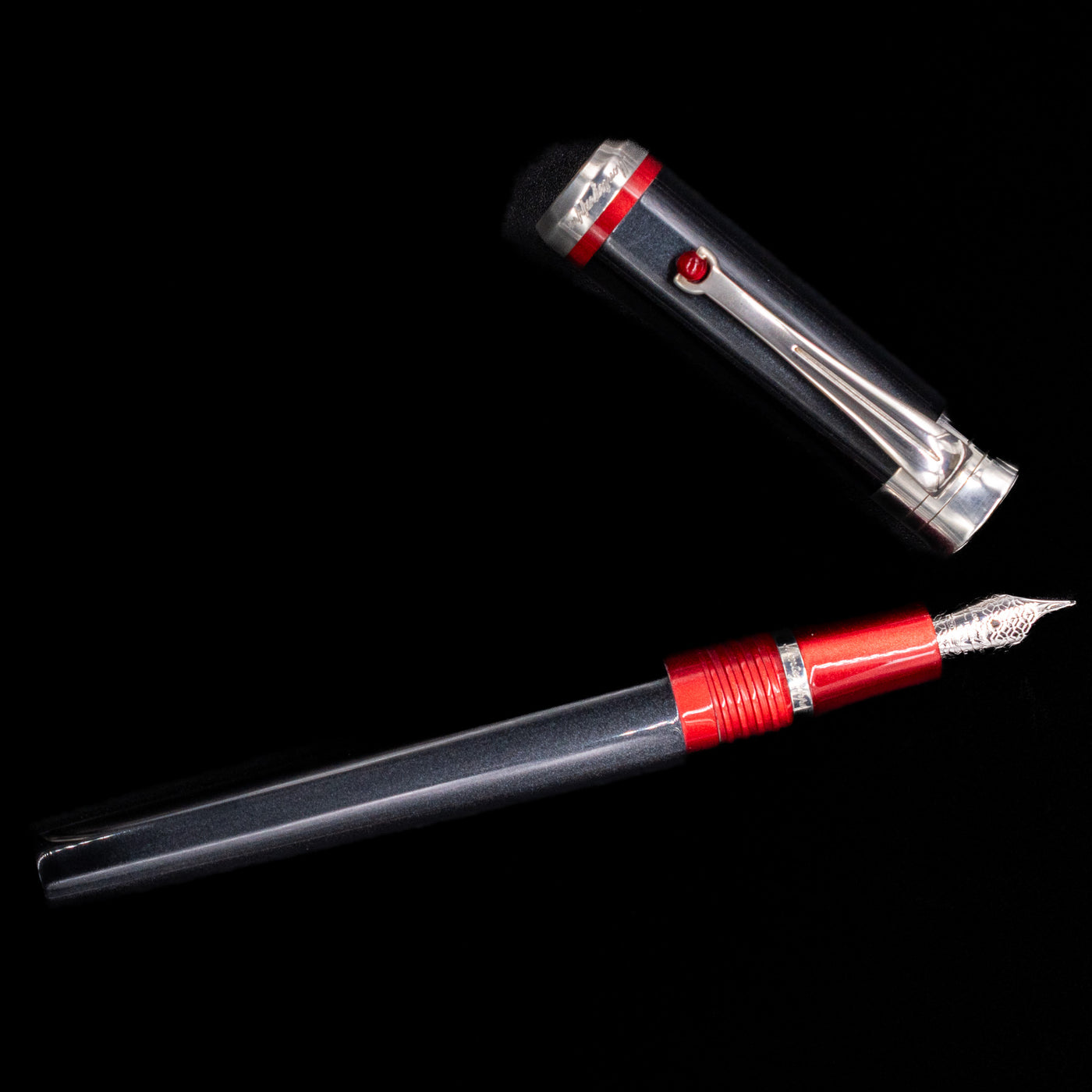 An overhead view of the Montegrappa Desiderio Black Fountain Pen - Preowned uncapped.