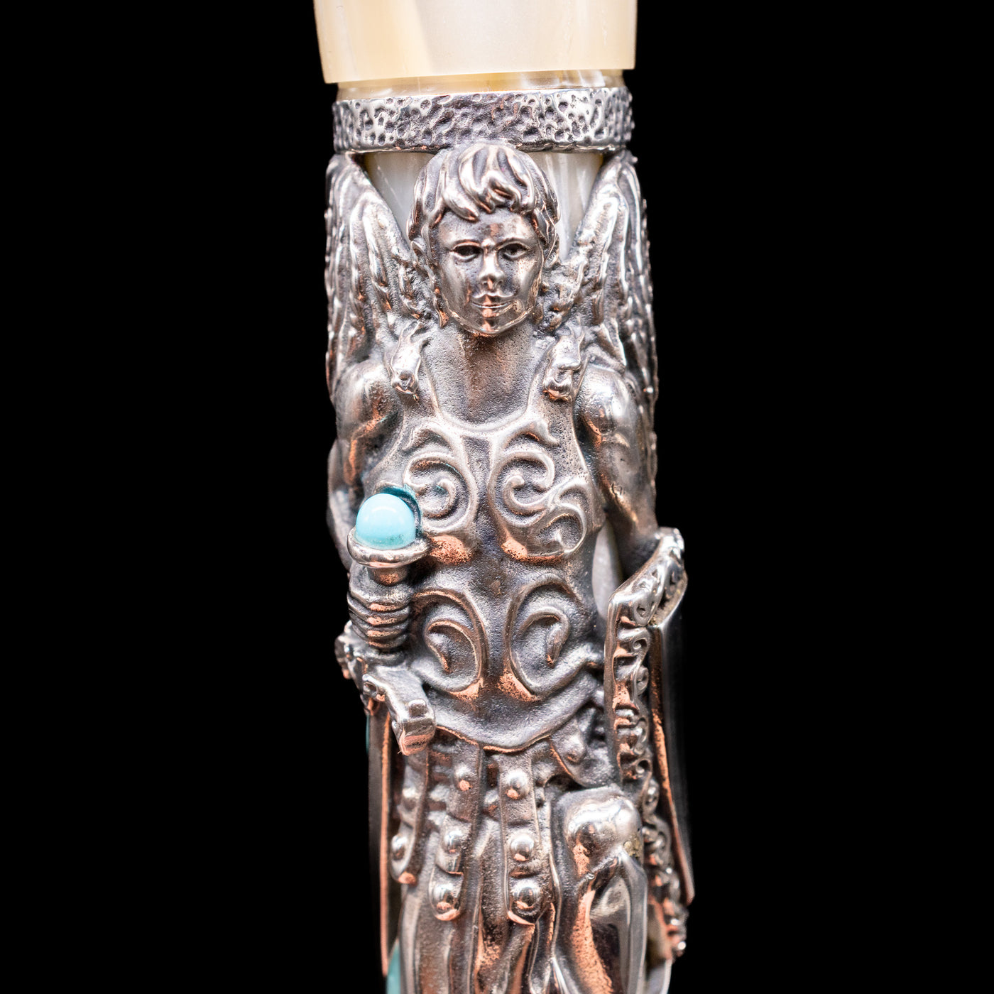 A detail shot of the archangel Michael on the body of the Montegrappa My Guardian Angel Fountain Pen.