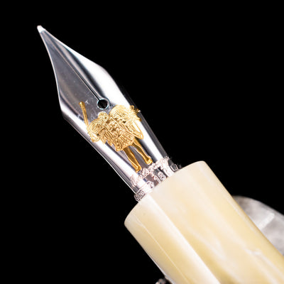 A macro shot of the nib with its intricate detailing and logo engraving for the Montegrappa My Guardian Angel Fountain Pen.