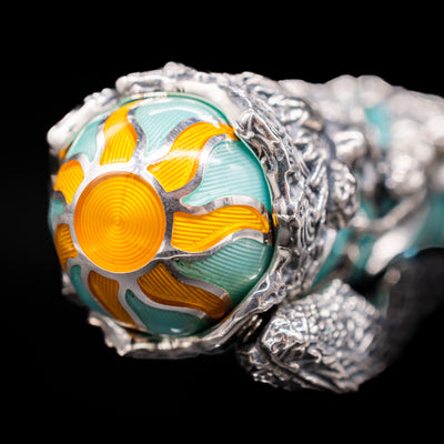 Zoomed-in view of the top of the cap with the finial on the Montegrappa My Guardian Angel Fountain Pen.