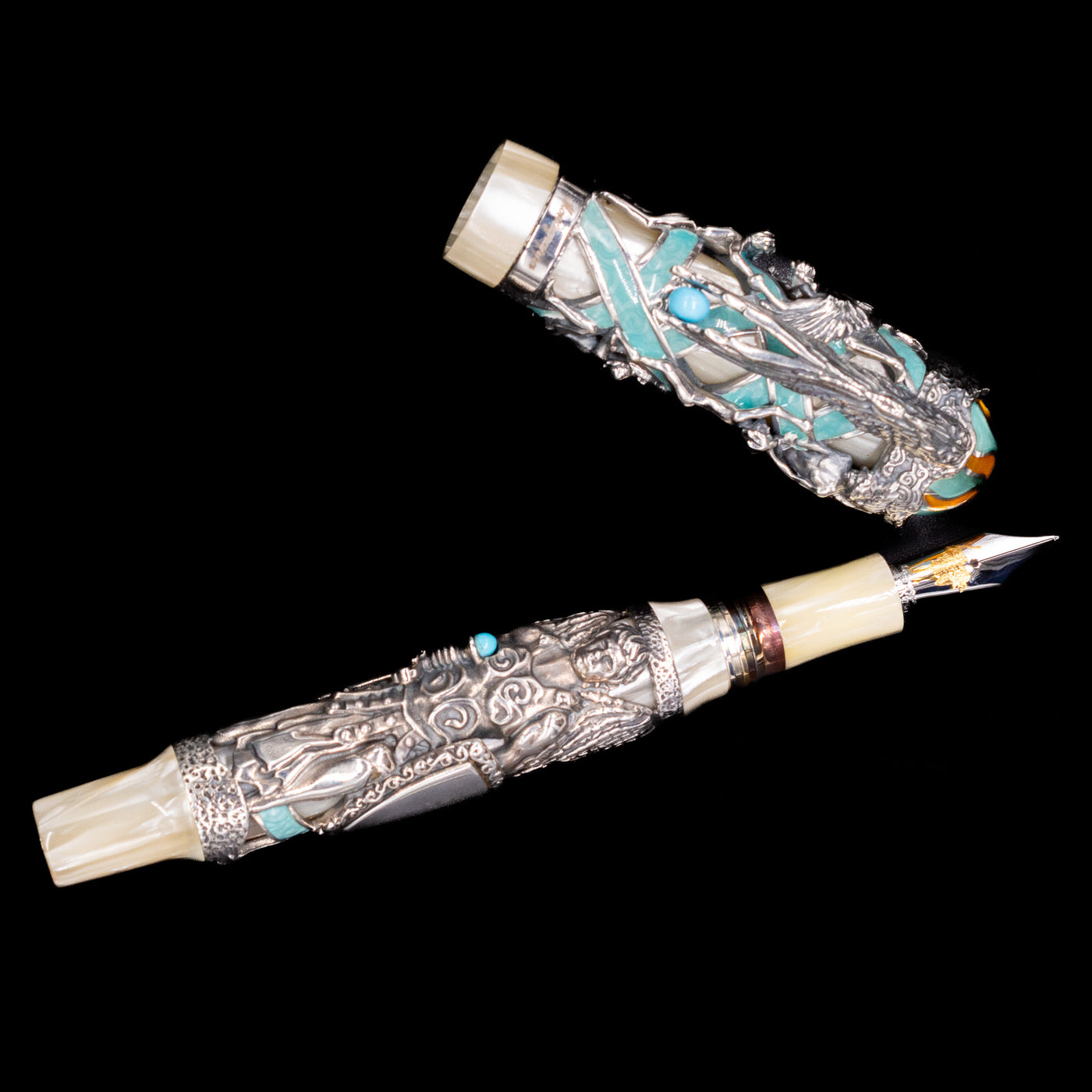 An overhead view of the Montegrappa My Guardian Angel Fountain Pen uncapped.