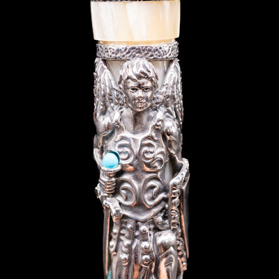 A detail shot of Michael the archangel o nthe body of the Montegrappa My Guardian Angel Rollerbal Pen.