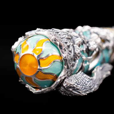 Zoomed-in view of the top of the cap with the finial on the Montegrappa My Guardian Angel Rollerbal Pen.