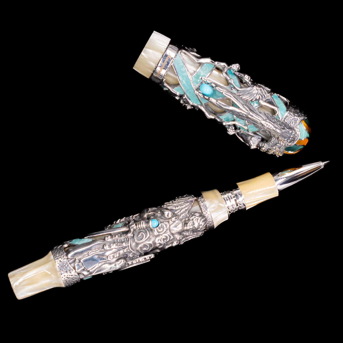 An overhead view of the Montegrappa My Guardian Angel Rollerbal Pen uncapped.